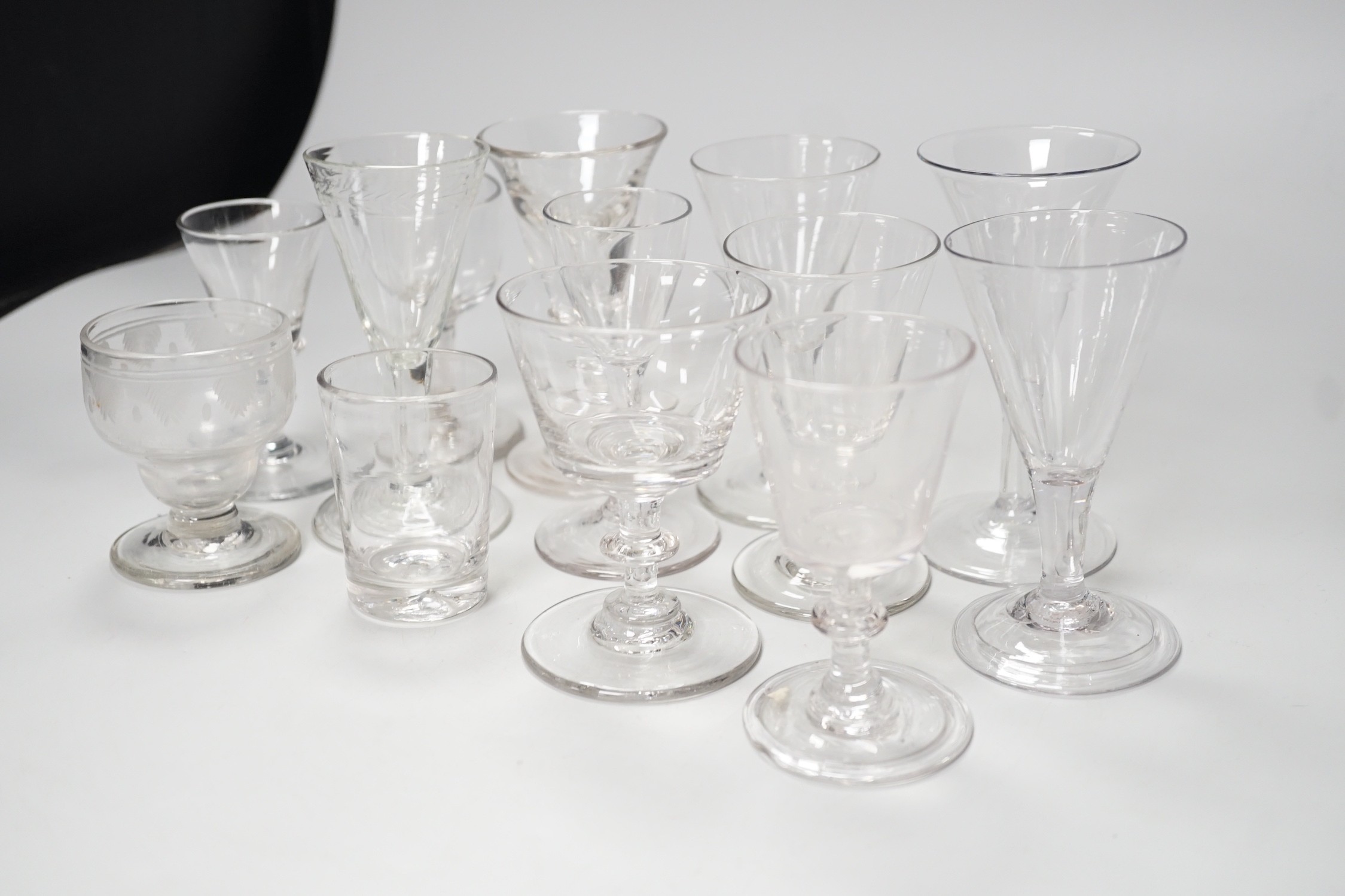 Thirteen various 18th/19th century wine glasses. Tallest 12cm